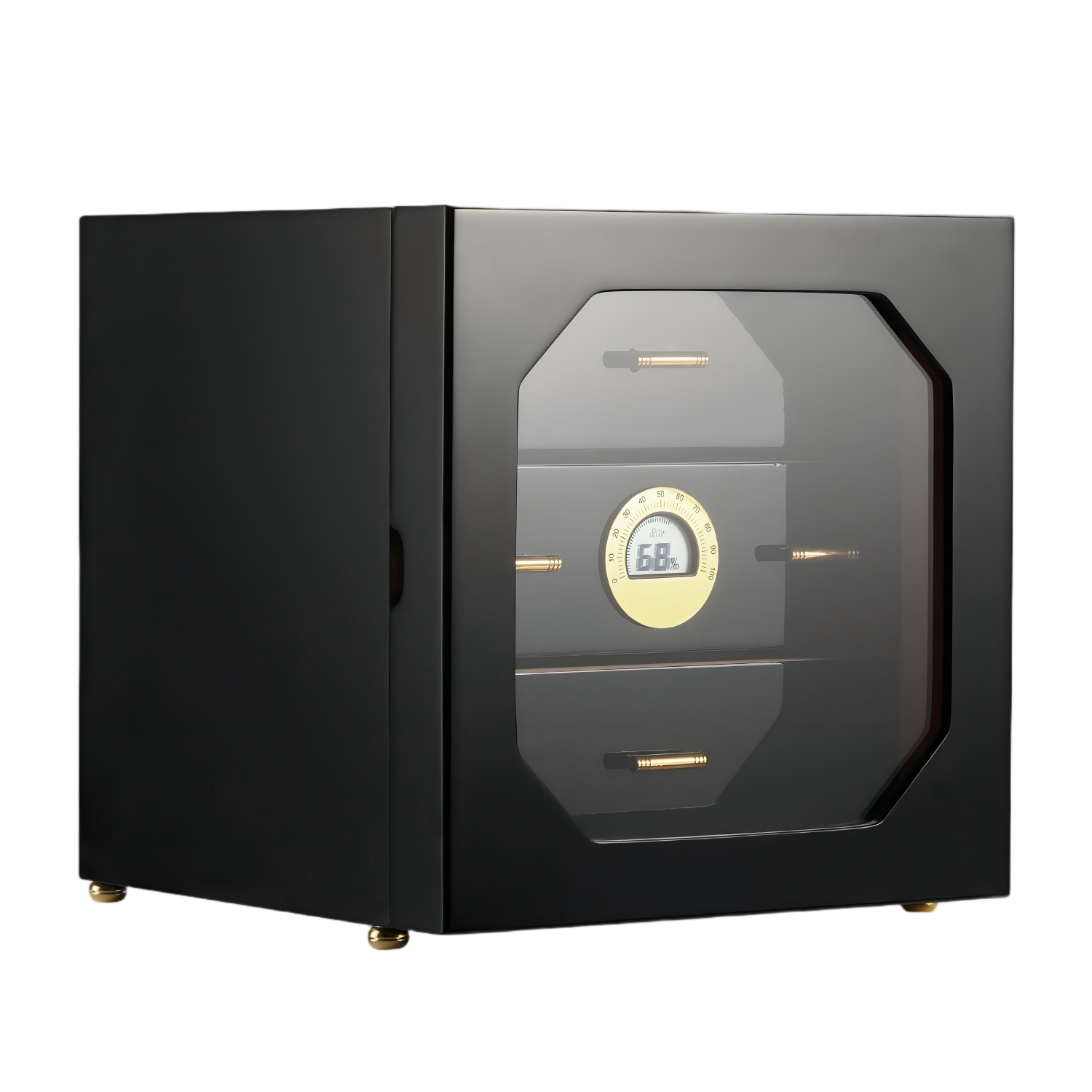 Glossy black 3-drawer cigar humidor with octagonal glass door, digital hygrometer, and gold hardware, ideal for premium cigar storage.
