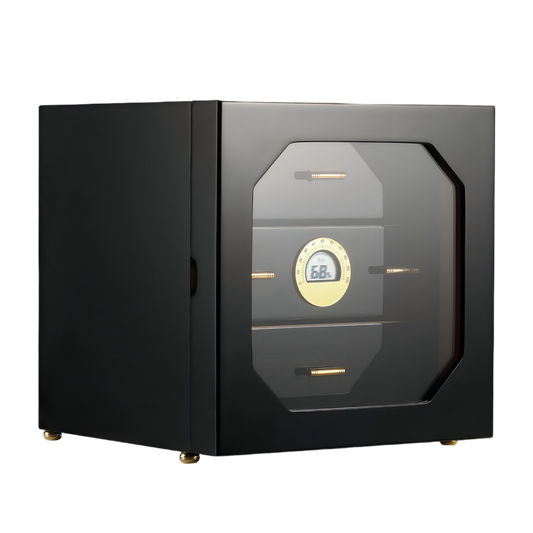 Glossy black 3-drawer cigar humidor with octagonal glass door, digital hygrometer, and gold hardware, ideal for premium cigar storage.