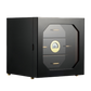 Glossy black 3-drawer cigar humidor with octagonal glass door, digital hygrometer, and gold hardware, ideal for premium cigar storage.