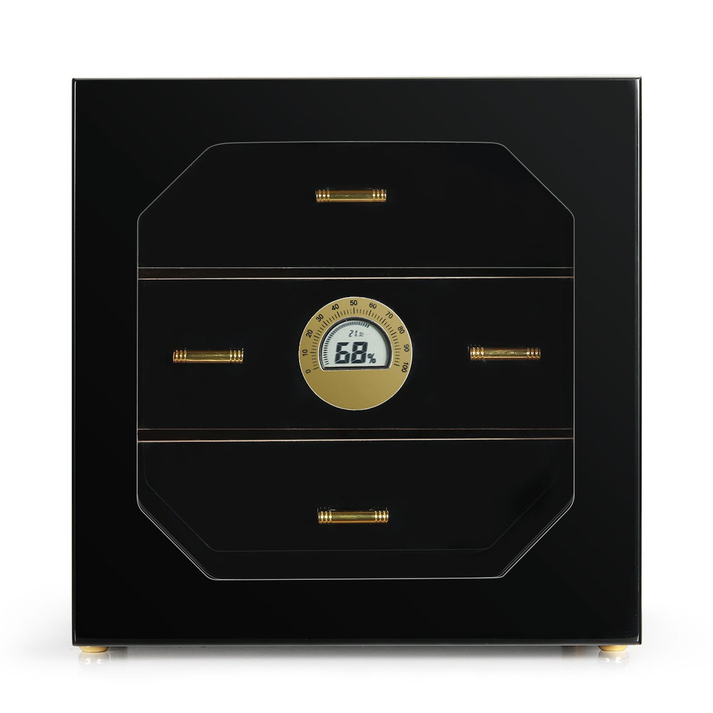 Front view of glossy black 3-drawer cigar humidor, showcasing digital hygrometer, gold handles, and airtight glass door design.