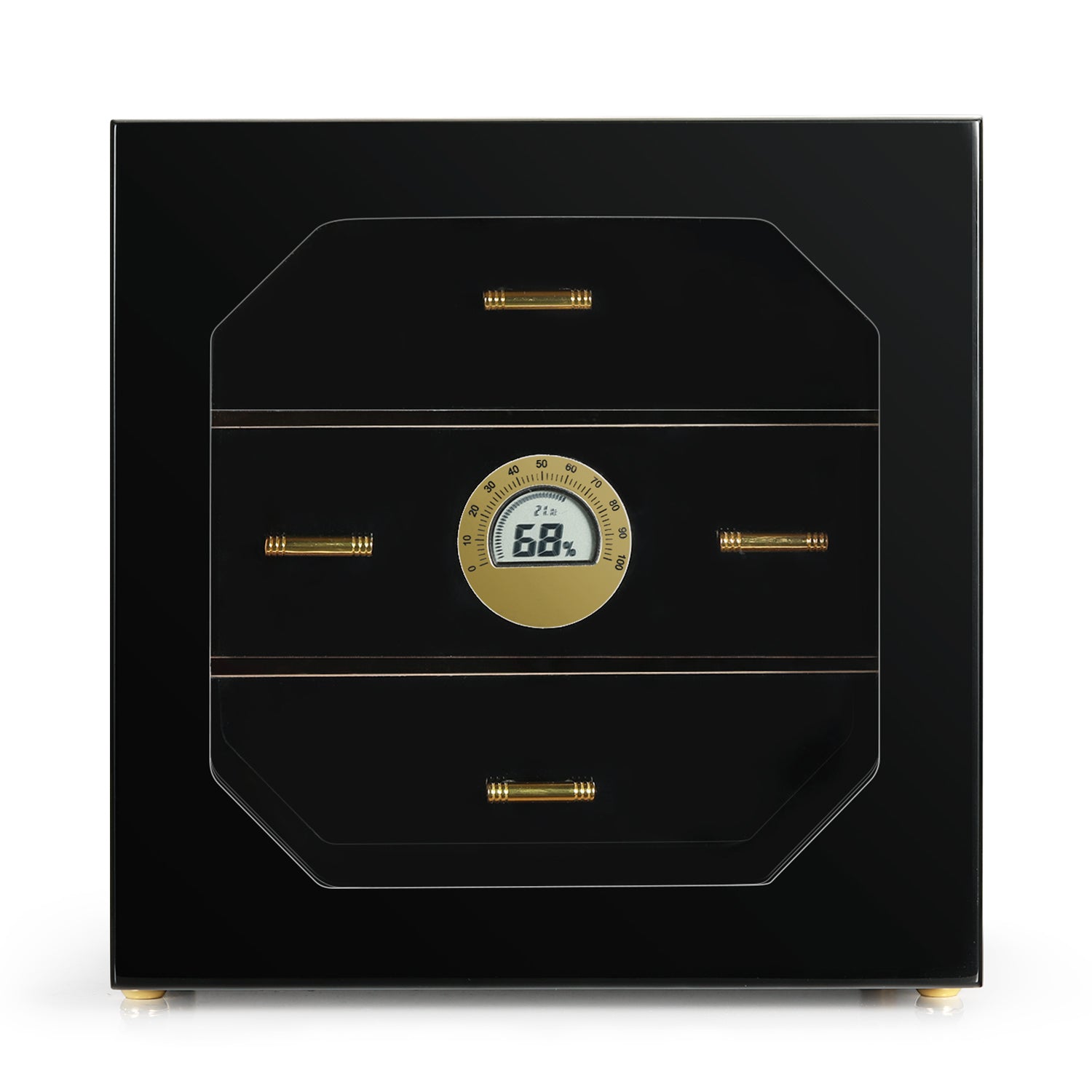 Front view of glossy black 3-drawer cigar humidor, showcasing digital hygrometer, gold handles, and airtight glass door design.