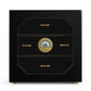Front view of glossy black 3-drawer cigar humidor, showcasing digital hygrometer, gold handles, and airtight glass door design.