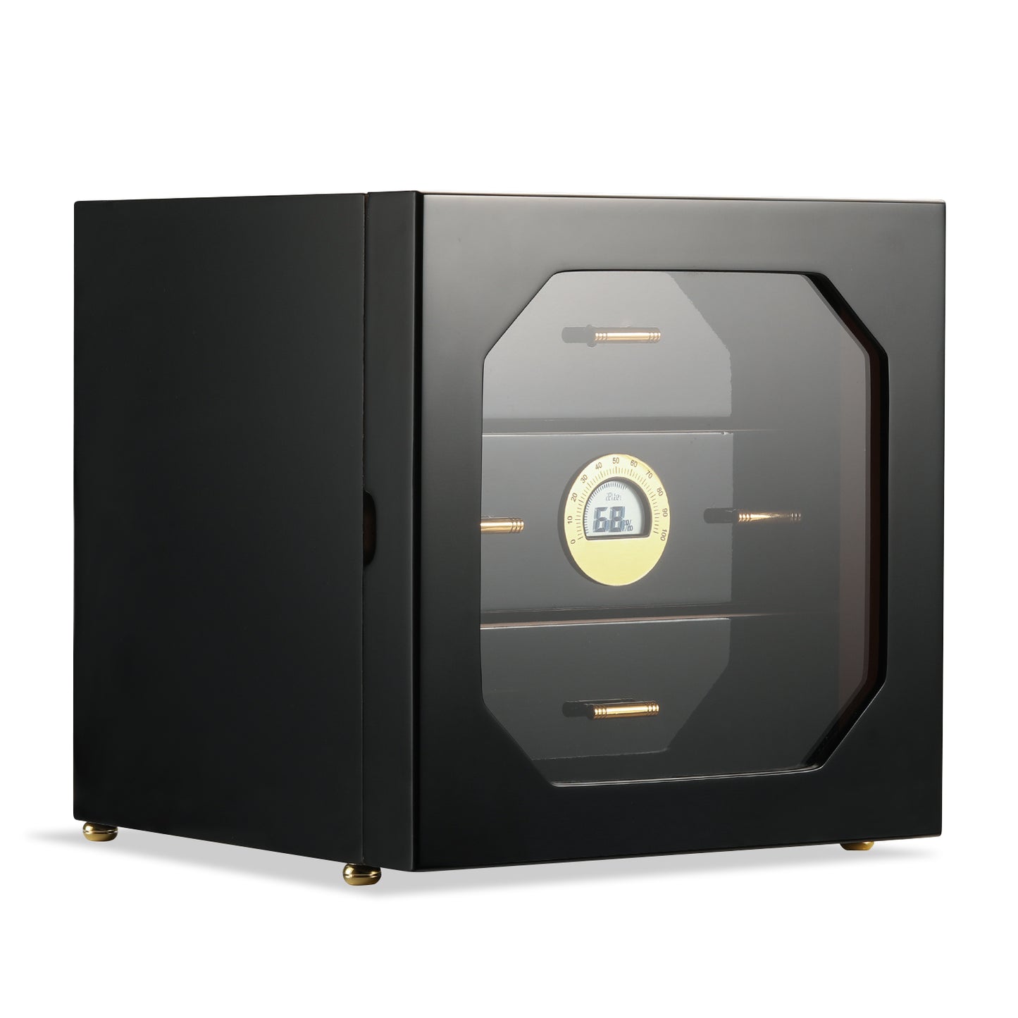 Glossy black 3-drawer cigar humidor with octagonal glass door, digital hygrometer, and gold hardware, ideal for premium cigar storage.