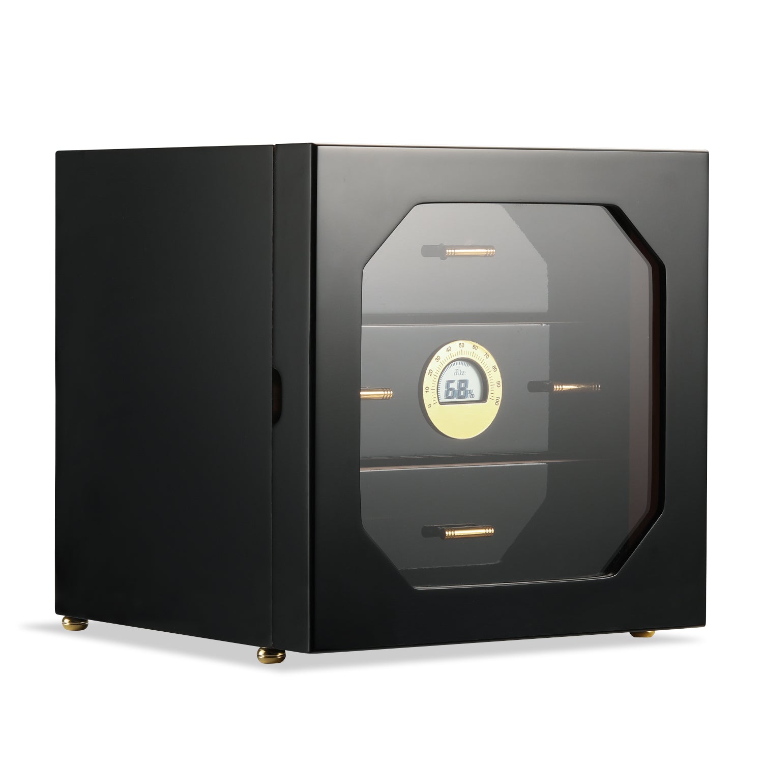 Glossy black 3-drawer cigar humidor with octagonal glass door, digital hygrometer, and gold hardware, ideal for premium cigar storage.