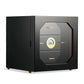 Glossy black 3-drawer cigar humidor with octagonal glass door, digital hygrometer, and gold hardware, ideal for premium cigar storage.