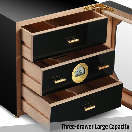 Woodronic Piano Black Cigar Humidor Cabinet | Luxury Desktop Cedar Storage for 50-100 Cigars