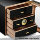 Open 3-drawer cigar humidor with Spanish cedar interior, demonstrating large capacity and organized cigar storage.