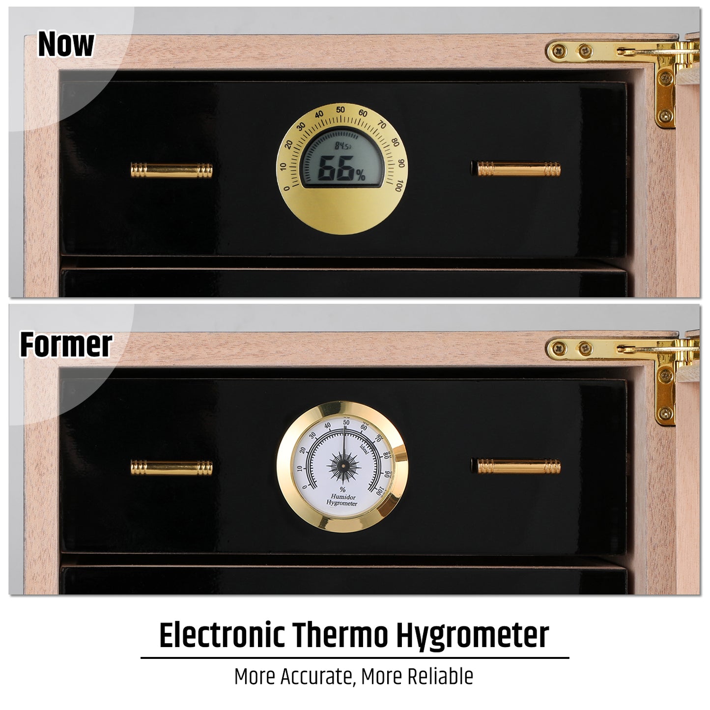 Comparison of electronic thermo hygrometer (more accurate) vs analog hygrometer, highlighting reliability for cigar humidity control.