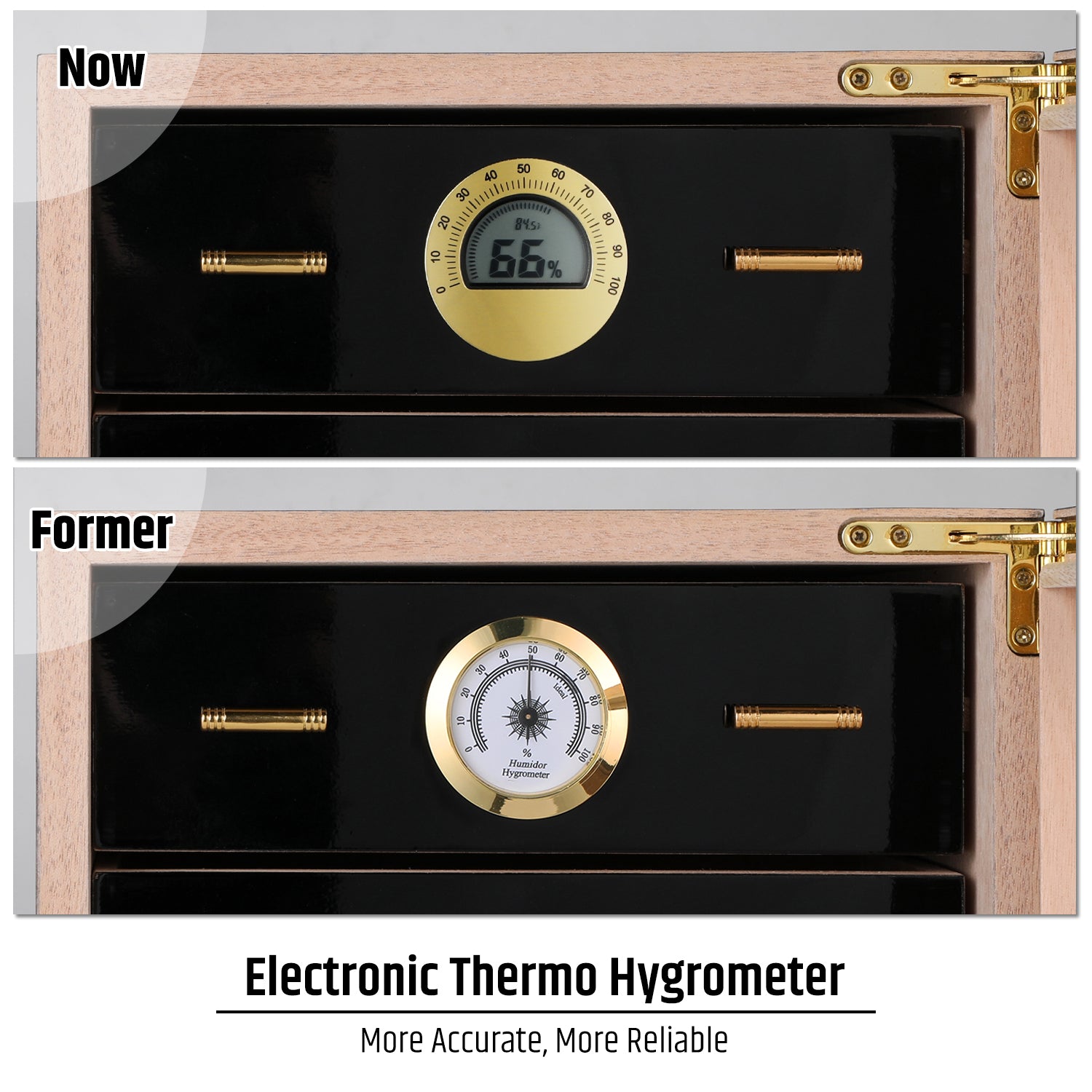 Comparison of electronic thermo hygrometer (more accurate) vs analog hygrometer, highlighting reliability for cigar humidity control.