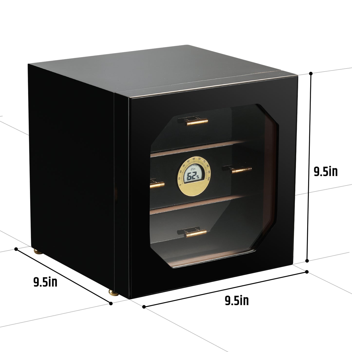 Cube-shaped cigar humidor with dimensions 9.5x9.5x9.5 inches, featuring 3 drawers and digital hygrometer for compact storage.