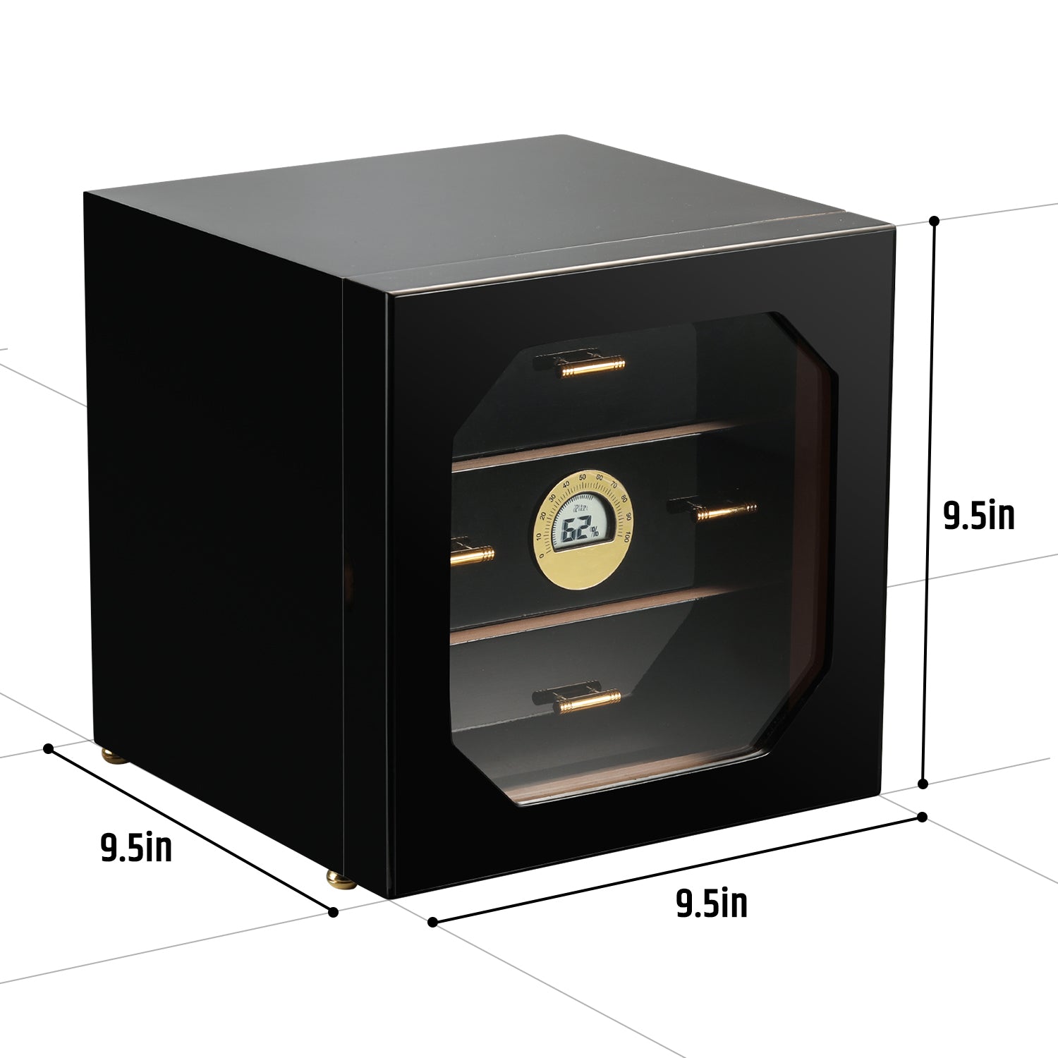 Cube-shaped cigar humidor with dimensions 9.5x9.5x9.5 inches, featuring 3 drawers and digital hygrometer for compact storage.