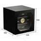 Cube-shaped cigar humidor with dimensions 9.5x9.5x9.5 inches, featuring 3 drawers and digital hygrometer for compact storage.