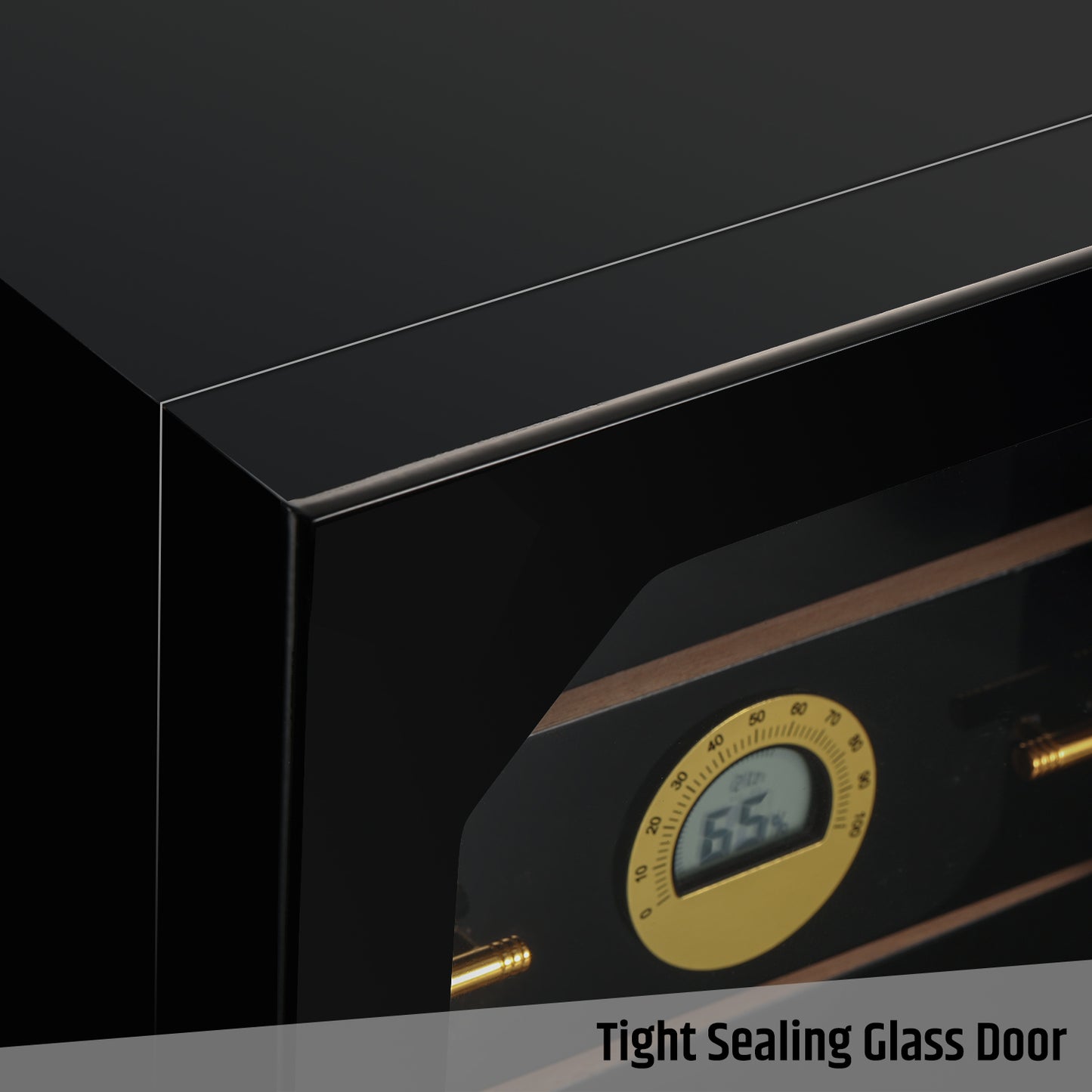 Close-up of tight sealing glass door on cigar humidor, ensuring airtight closure to maintain stable humidity levels.