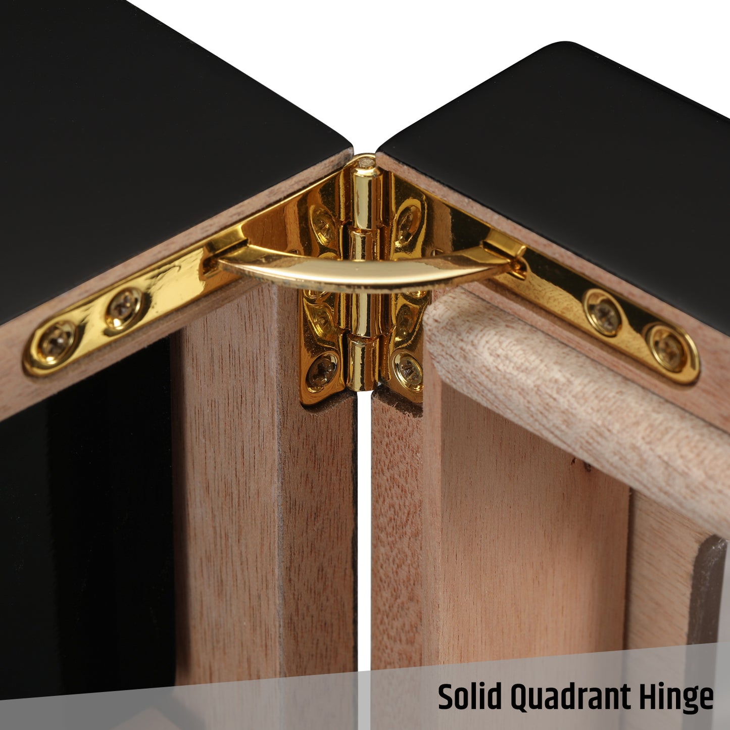 Close-up of solid quadrant hinge on cigar humidor, showcasing durable construction and smooth door operation.