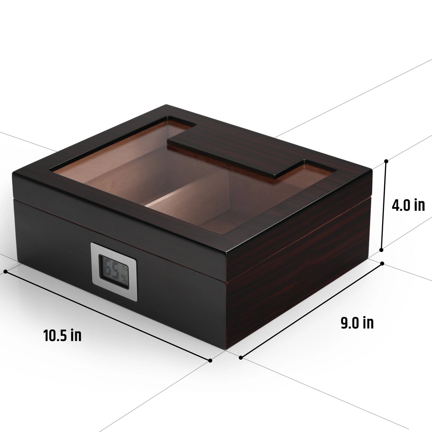 A technical infographic displaying the external dimensions of a large-capacity dark wooden cigar humidor: 10.5 in × 9.0 in × 4.0 in, with a digital hygrometer and glass top, set against a white background.