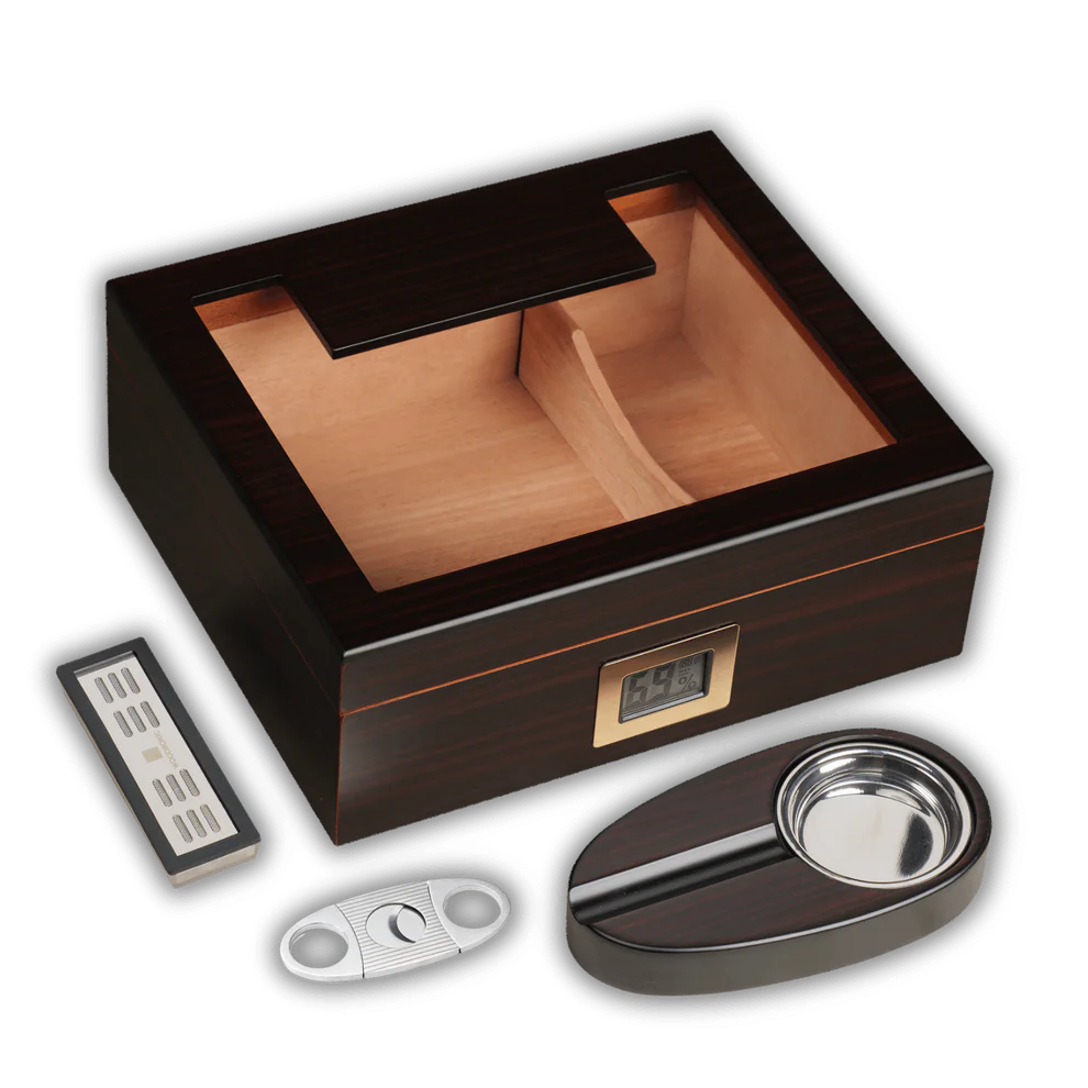 A technical infographic displaying the external dimensions of a large-capacity dark wooden cigar humidor