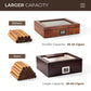 A side-by-side capacity comparison infographic showing a competitor’s humidor (20-25 cigars) versus our large-capacity humidor (50-60 cigars), with "LARGER CAPACITY" as the headline, set against a clean white background.