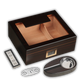 A technical infographic displaying the external dimensions of a large-capacity dark wooden cigar humidor