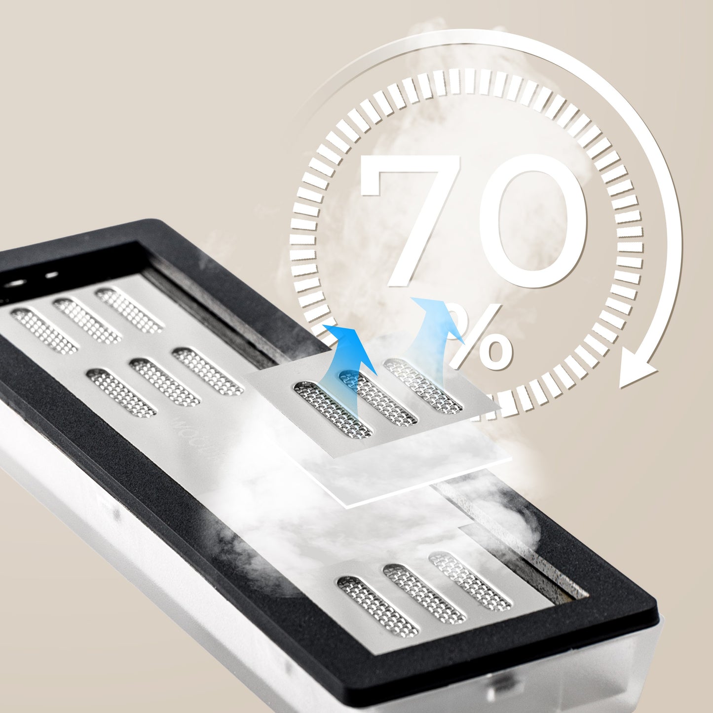 A technical graphic of the rectangular humidifier bar, with visual effects of mist and airflow arrows, emphasizing its ability to maintain 70% humidity inside the humidor.