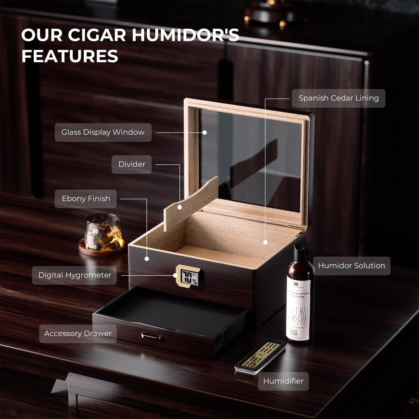 A labeled infographic highlighting the humidor’s key features: Glass Display Window, Divider, Ebony Finish, Digital Hygrometer, Accessory Drawer, Spanish Cedar Lining, Humidor Solution, and Humidifier, in a luxury interior setting.
