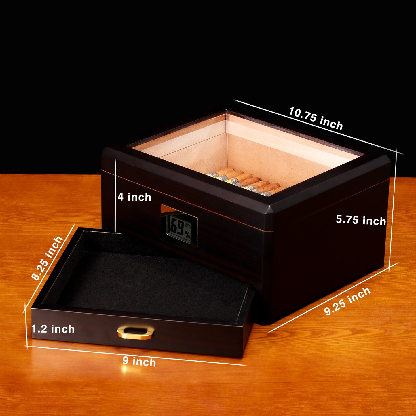 A technical infographic displaying the humidor’s external dimensions (10.75" × 9.25" × 4") and accessory drawer dimensions (9" × 8.25" × 1.2"), with cigars visible inside.