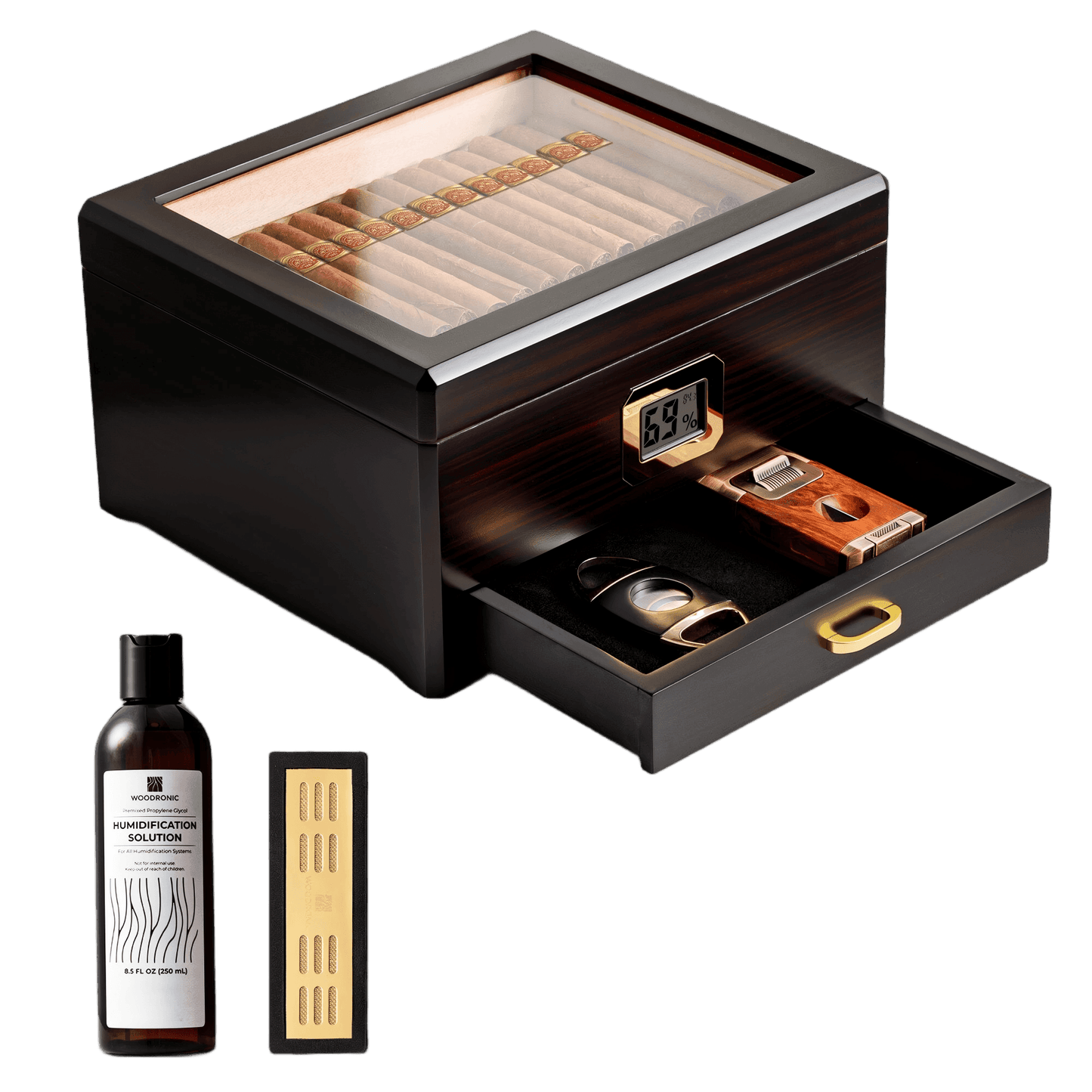 A dark wooden cigar humidor with a glass top, digital hygrometer, and pull-out accessory drawer, displayed with its full set: humidification solution, crystal gel humidifier, ashtray, cutter, and lighter, against a white background.