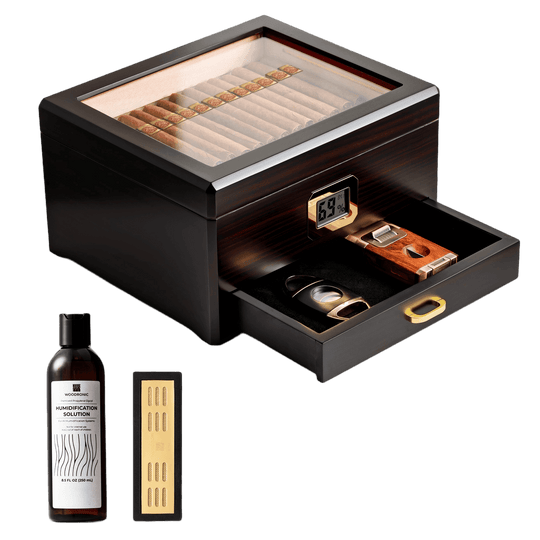 WA-504302 | Woodronic Desktop Cigar Humidor Box with Drawer & Humidity Essentials for 25-50 Cigars