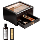 A dark wooden cigar humidor with a glass top, digital hygrometer, and pull-out accessory drawer, displayed with its full set: humidification solution, crystal gel humidifier, ashtray, cutter, and lighter, against a white background.