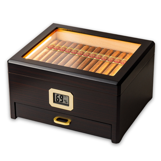 Woodronic LED Desktop Cigar Humidor with Drawer | Luxury Glass Top Edition for 20-50 Cigars