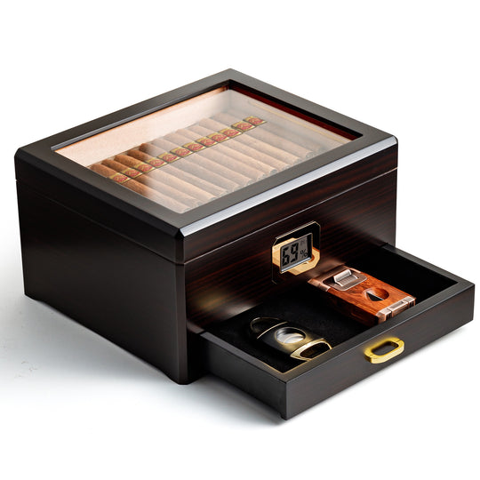 Woodronic LED Desktop Cigar Humidor with Drawer | Luxury Glass Top Edition for 20-50 Cigars
