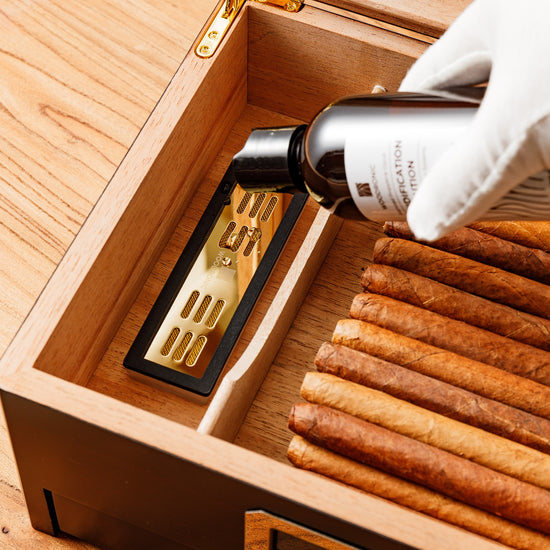 A close-up of a gloved hand pouring humidor solution into the crystal gel humidifier inside the humidor, with neatly arranged cigars visible in the Spanish cedar-lined compartment.