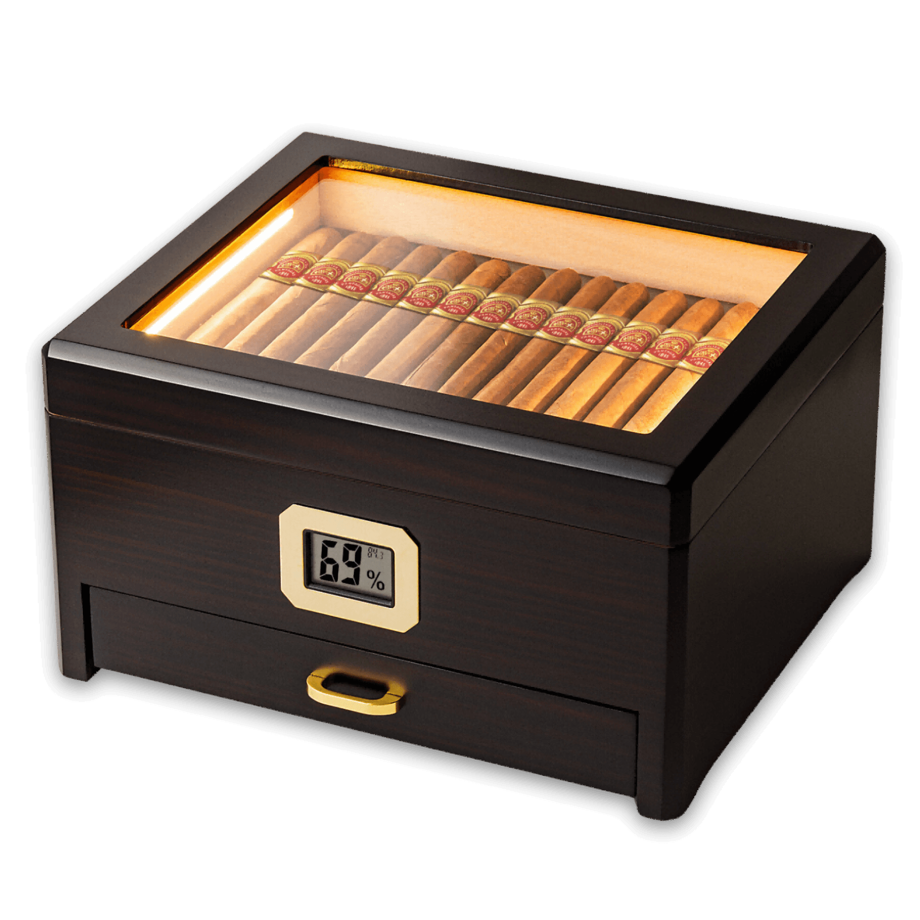 A dark wooden cigar humidor with a built-in LED-lit glass top, digital hygrometer, and pull-out accessory drawer, filled with premium cigars, set against a clean white background.