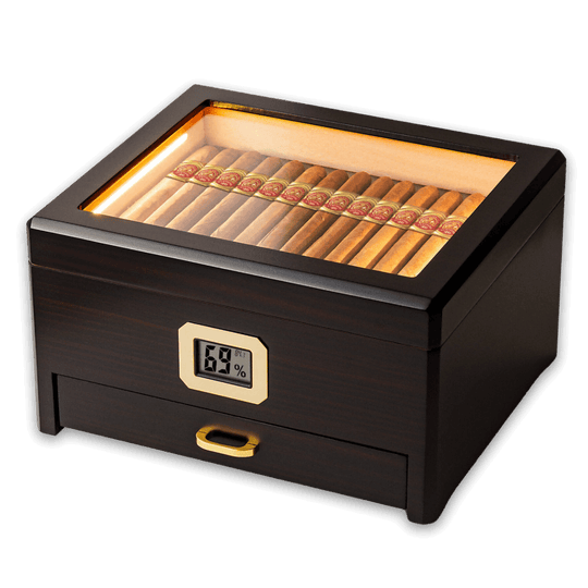 WA-504303 | Woodronic LED Desktop Cigar Humidor with Drawer | Luxury Glass Top Edition for 20-50 Cigars