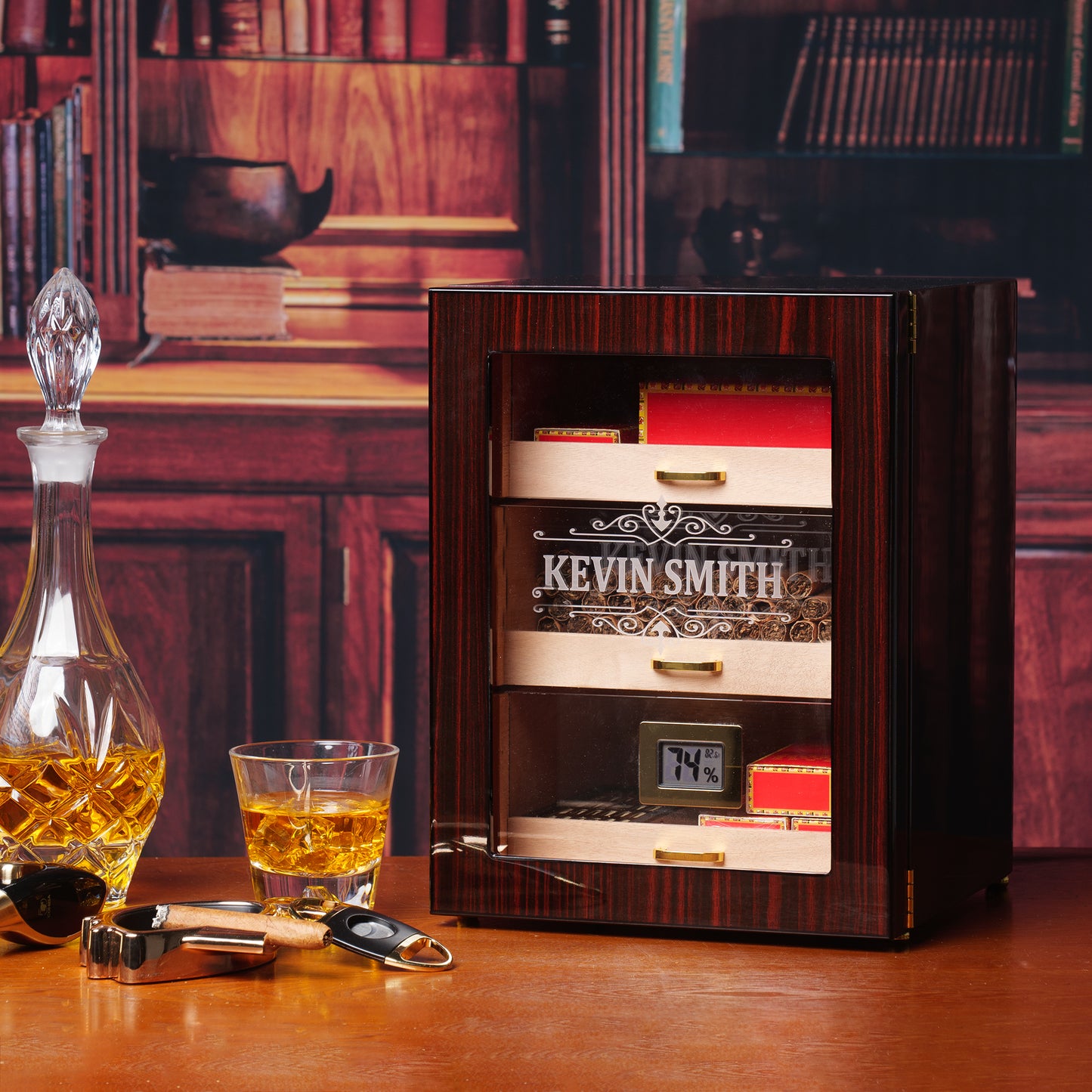 Custom engraved cigar humidor with ornate border, showcasing premium personalized design for special occasions.