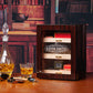 Custom engraved cigar humidor with shield-style border, highlighting elegant personalization options for gifting.