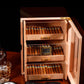 Open 3-drawer humidor showing organized cigar storage, digital hygrometer, and Spanish cedar interior.