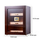 Glossy ebony wood 3-drawer cigar humidor with dimensions 10.25x10.25x13.75 inches, featuring digital hygrometer, gold hardware, and Spanish cedar interior for premium cigar storage.