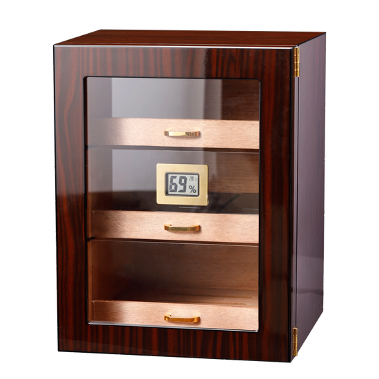 Glossy ebony wood 3-drawer cigar humidor with clear glass door, digital hygrometer, and gold hardware, showcasing Spanish cedar interior for premium cigar storage.