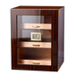 Glossy ebony wood 3-drawer cigar humidor with clear glass door, digital hygrometer, and gold hardware, showcasing Spanish cedar interior for premium cigar storage.