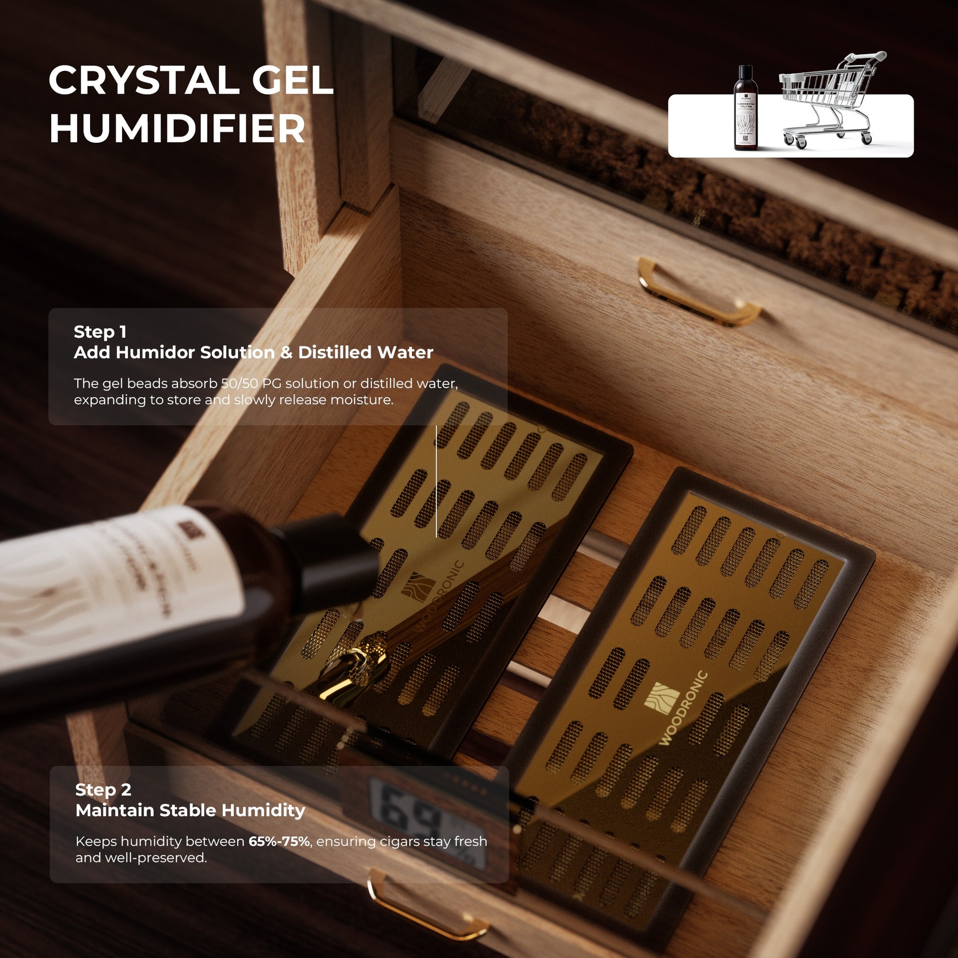 Step-by-step demo of crystal gel humidifier: adding solution to maintain 65-75% humidity for optimal cigar preservation.