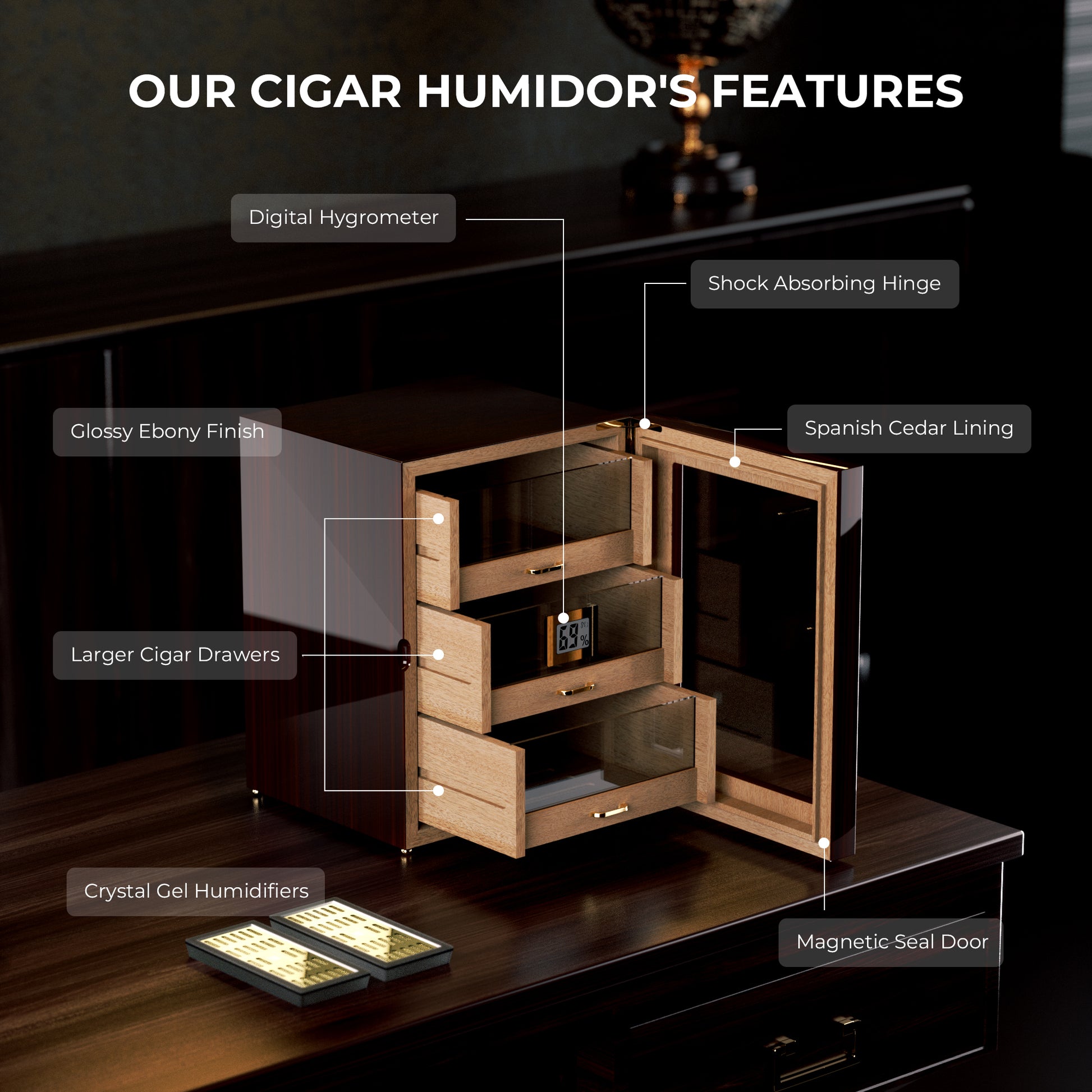 Infographic of key features: glossy ebony finish, digital hygrometer, Spanish cedar lining, shock-absorbing hinges, and large drawers.