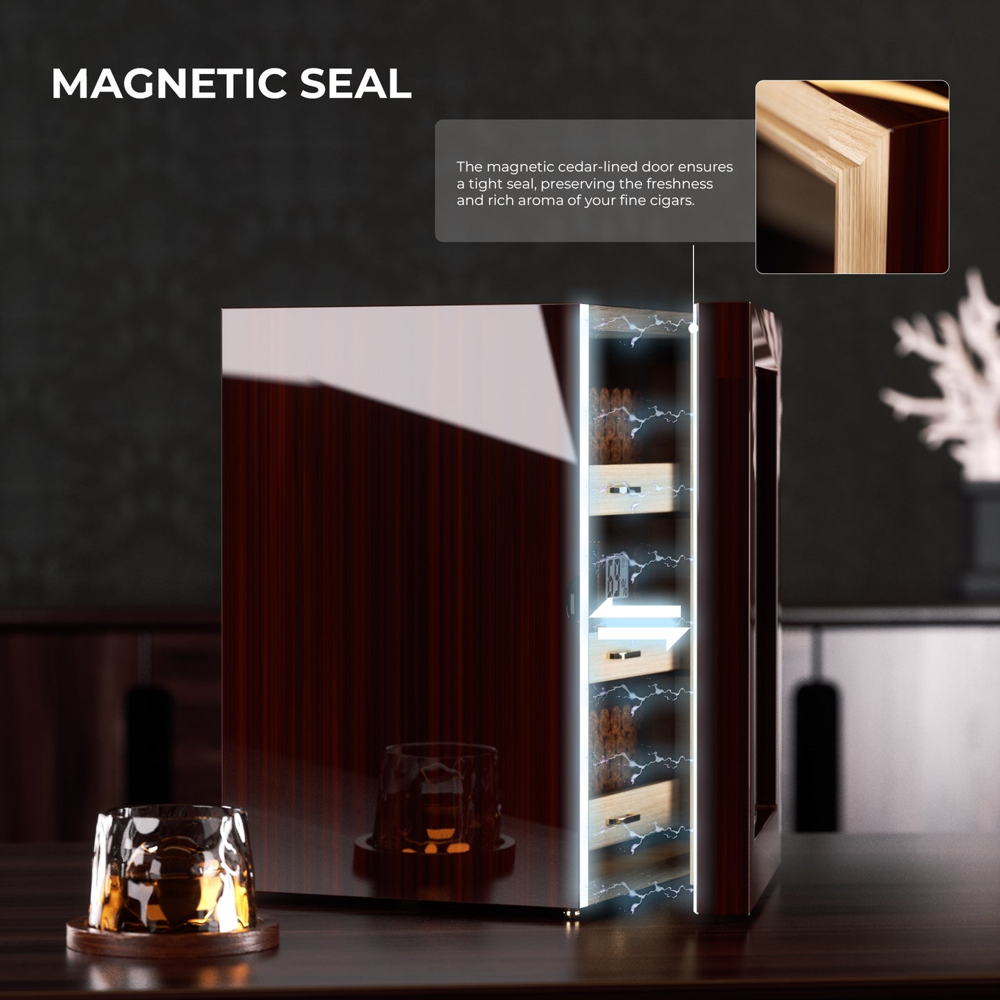 Magnetic cedar-lined door seal ensures airtight closure, preserving cigar freshness and rich aroma.