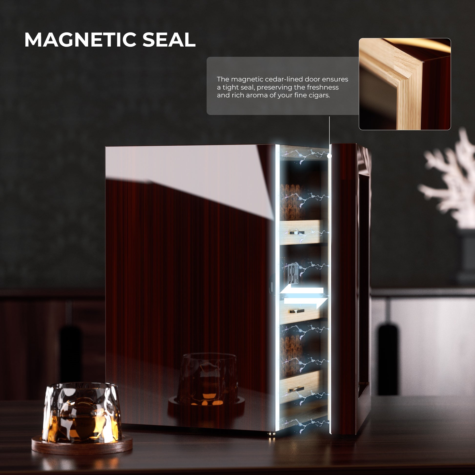 Magnetic cedar-lined door seal ensures airtight closure, preserving cigar freshness and rich aroma.