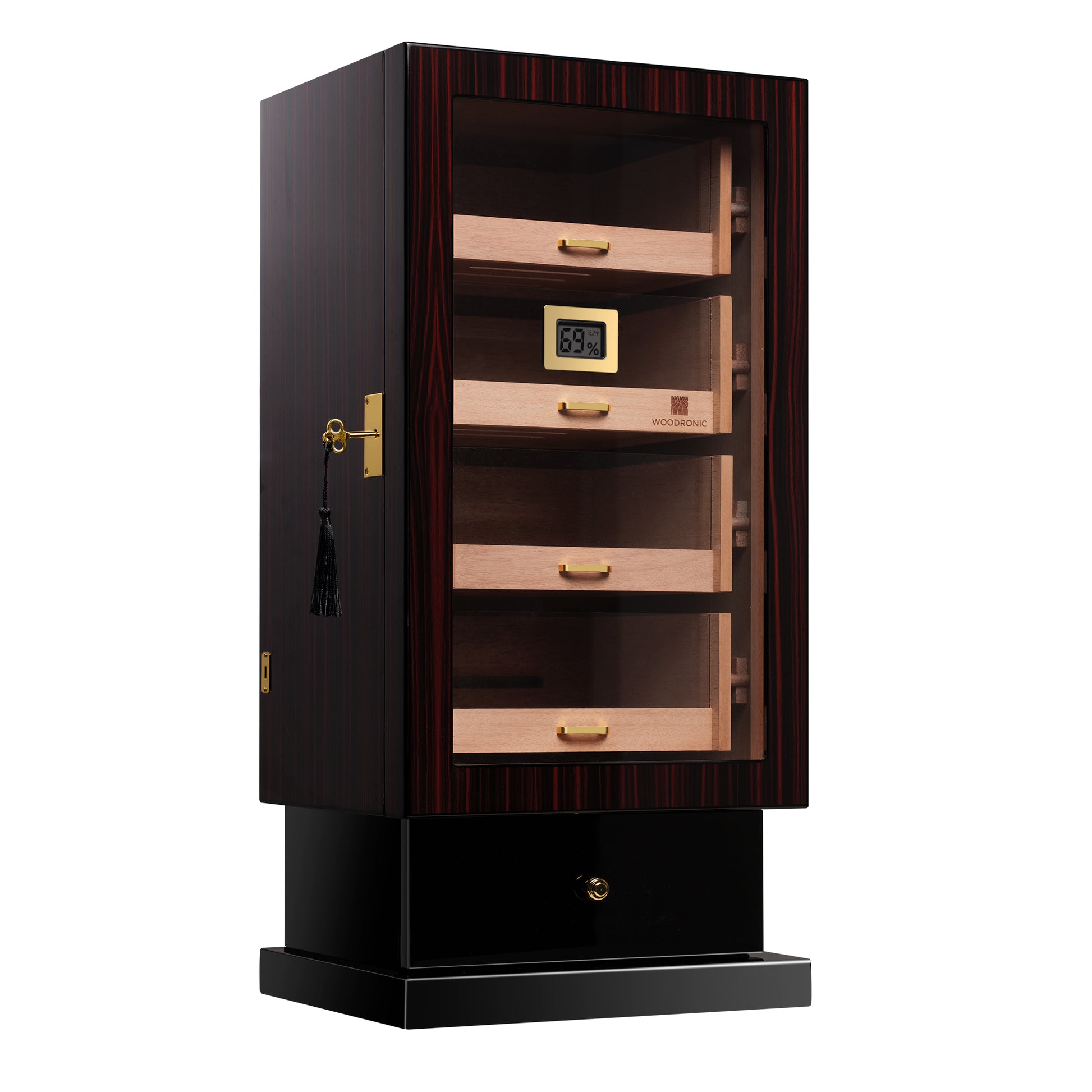 4-drawer cigar humidor with brass key lock, tassel, and Spanish cedar interior, ensuring secure cigar storage.
