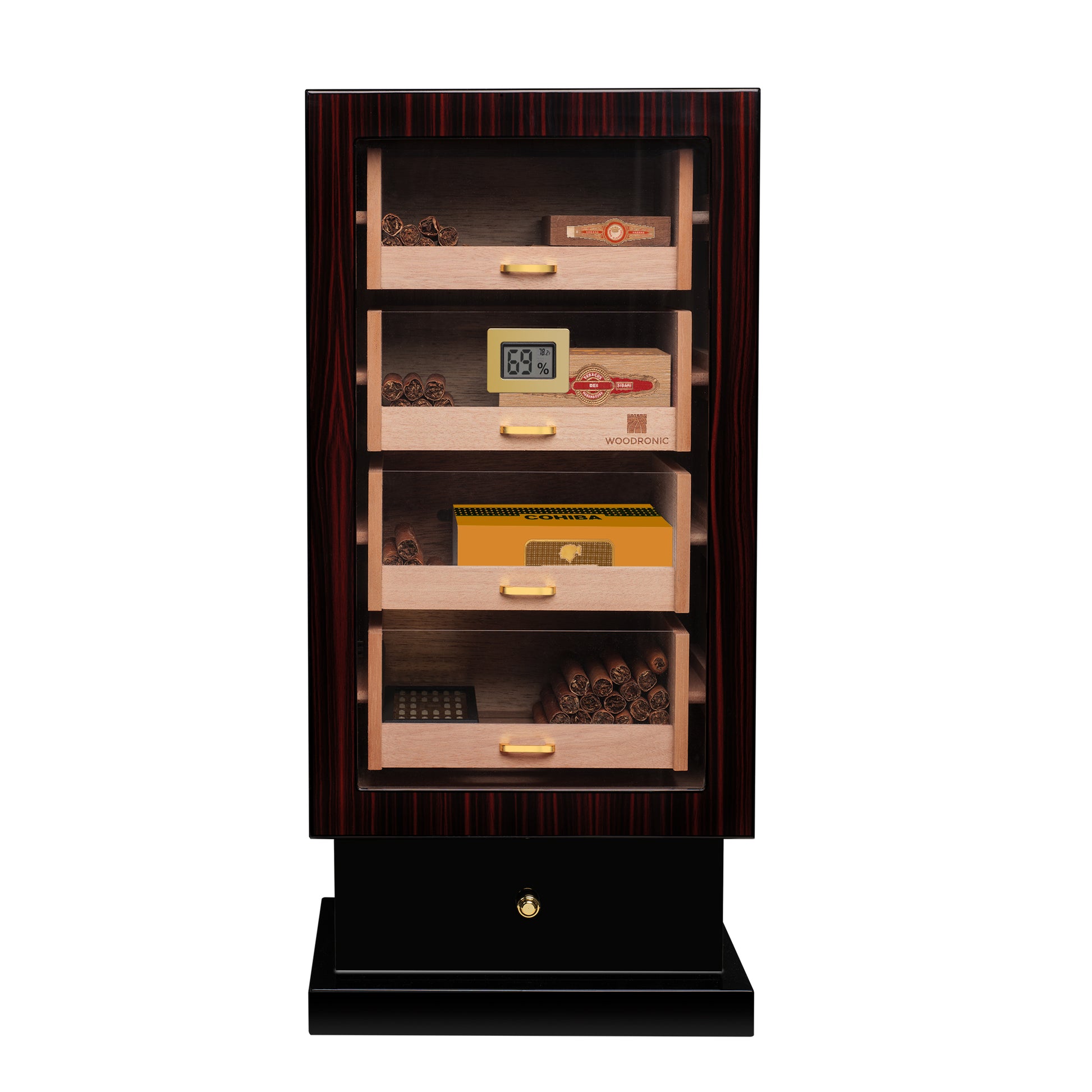 4-drawer humidor filled with loose cigars and premium cigar boxes, demonstrating versatile storage capacity.