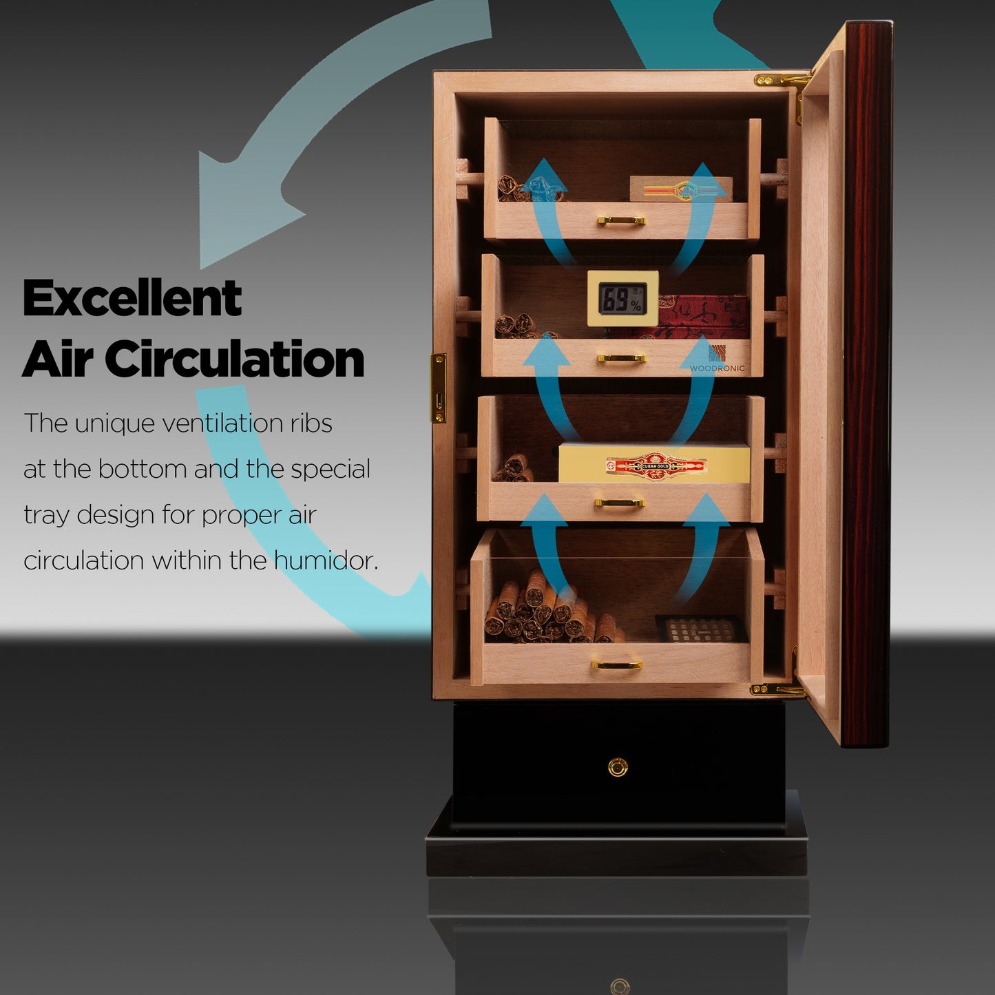 4-drawer humidor with ventilation ribs and tray design, demonstrating excellent air circulation for consistent humidity control.
