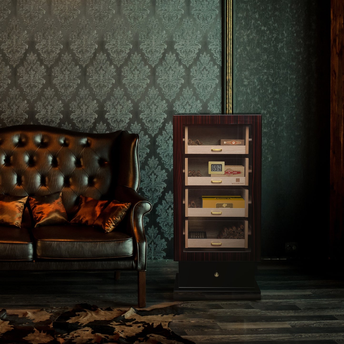 Ebony wood humidor placed beside a tufted leather sofa, ideal for elegant home decor and cigar enjoyment.