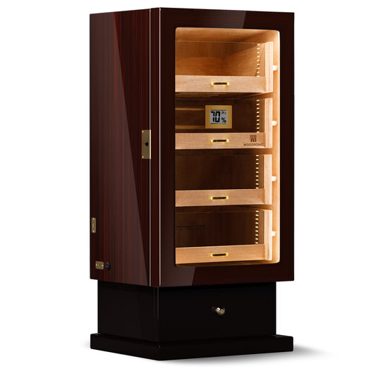 Glossy ebony wood 4-drawer cigar humidor with LED lighting, digital hygrometer, and lockable base, ideal for premium cigar storage.