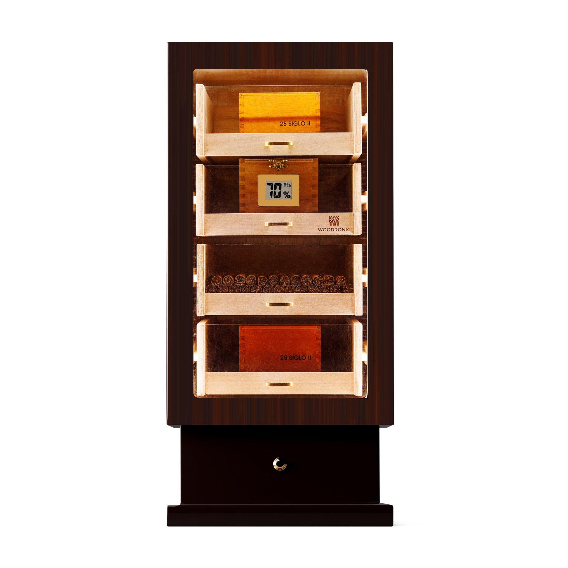 LED-lit 4-drawer cigar humidor showcasing premium cigar boxes, highlighting elegant display and organized storage.