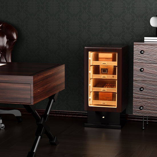 Ebony wood cigar humidor displayed in a sophisticated home office, paired with dark wood decor for luxury styling.